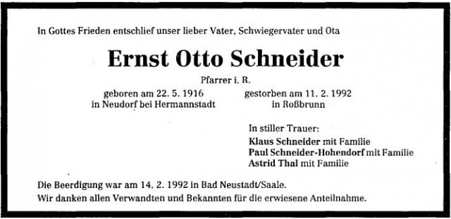 Schneider Ernst Otto 1916-1992 Todesanzeige